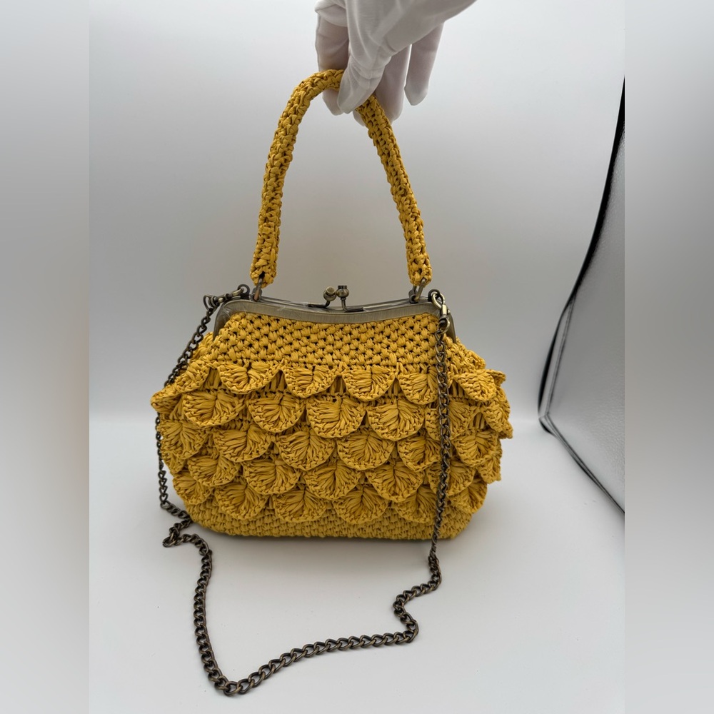 Patricia Nash Laureana Raffia Bag | Mustard Scalloped Kisslock Satchel boho
